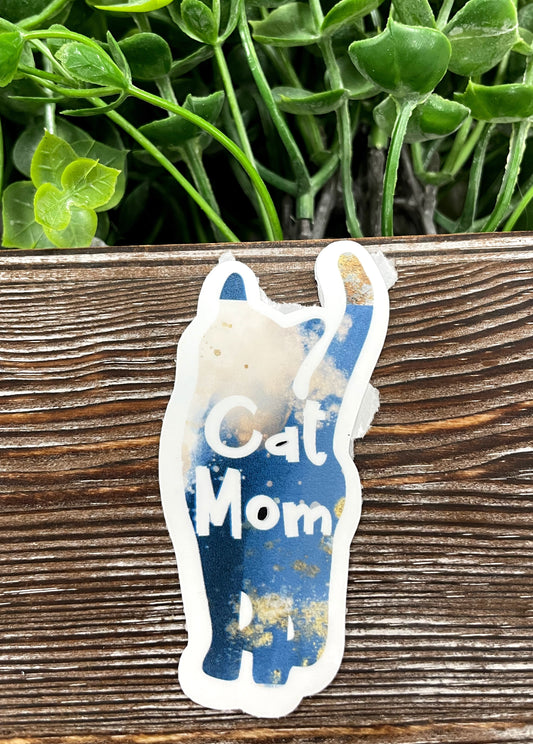 Blue and Gold Glitter Cat Mom Die Cut Sticker, Graphic Art Sticker, Vinyl, |Sticker or Magnet