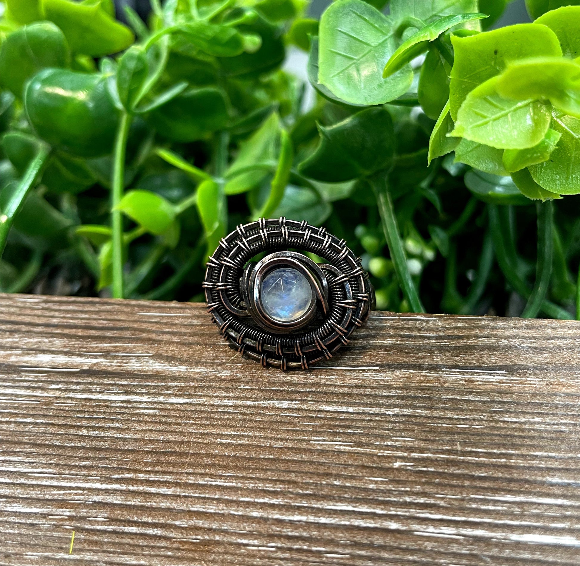 Moonstone Cabochon Wire Wrapped Ring Size 9 - Handmade by Marlayna