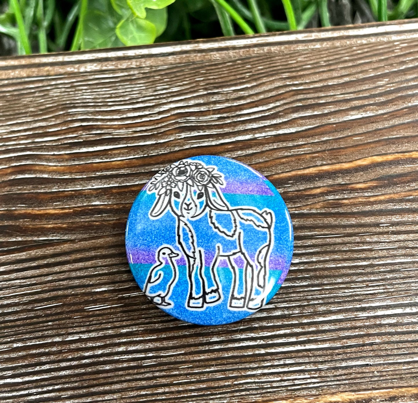 Duck and Goat, Graphic Art Button / Pin 1.25” , Blue Purple Glitter - Handmade by Marlayna