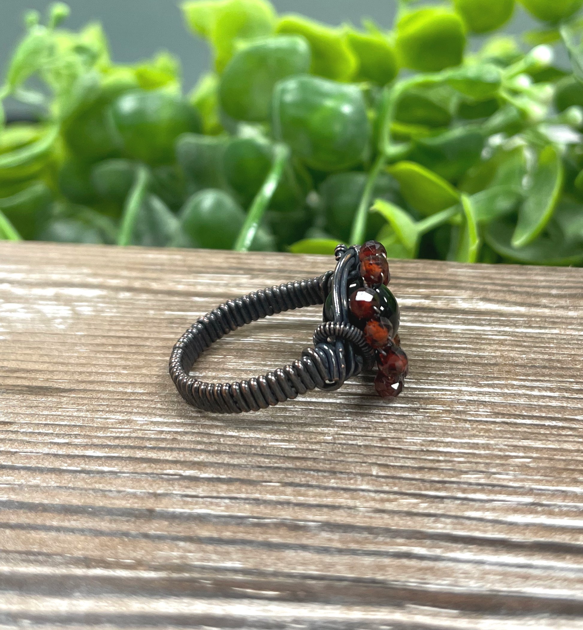 Onyx Gemstone w/ Garnet Beads Wire Wrapped Ring - Handmade by Marlayna