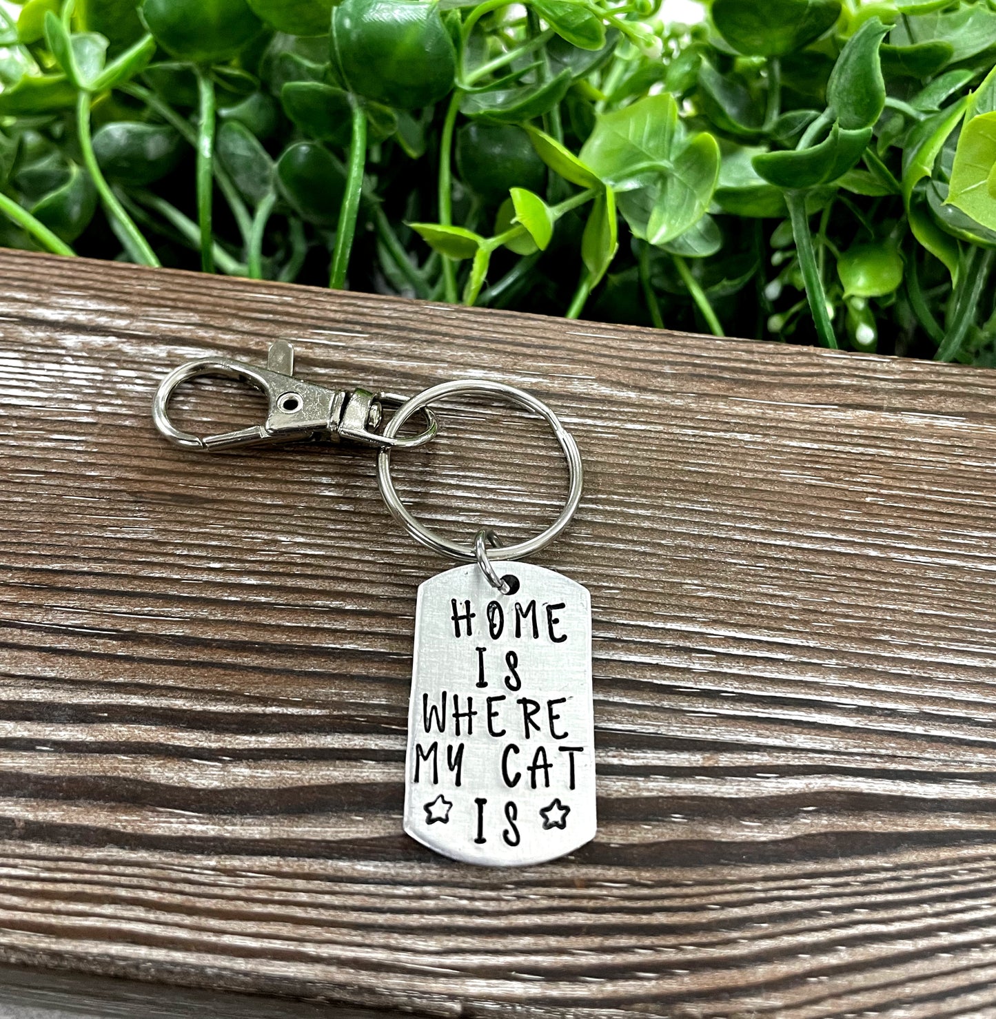 Home is where my cat is, Fun Animal Themed Hand Stamped Key Chain - Handmade by Marlayna