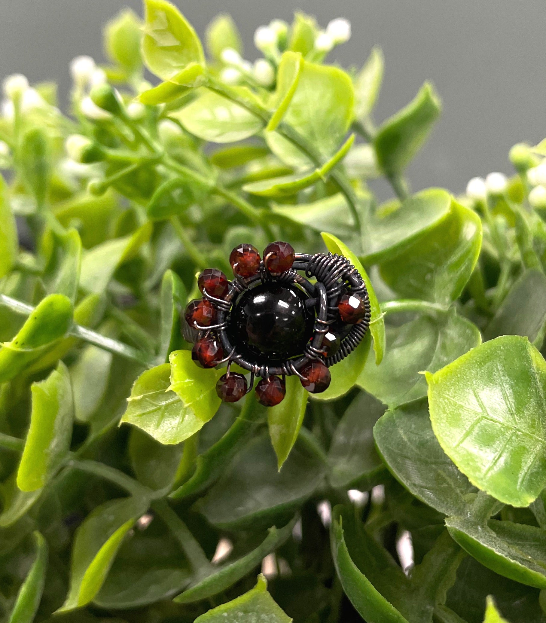 Onyx Gemstone w/ Garnet Beads Wire Wrapped Ring - Handmade by Marlayna