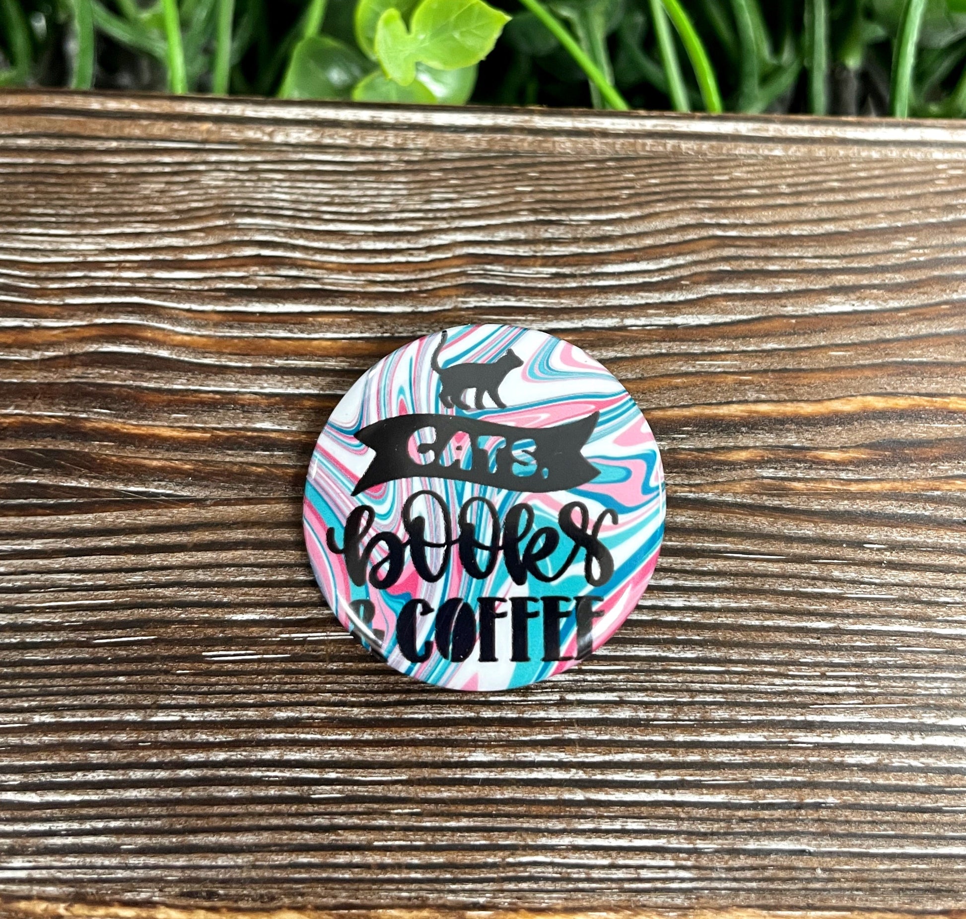 Cats Books Coffee, Graphic Art Button / Pin Refrigerator Magnet , Swirl Colors - Handmade by Marlayna