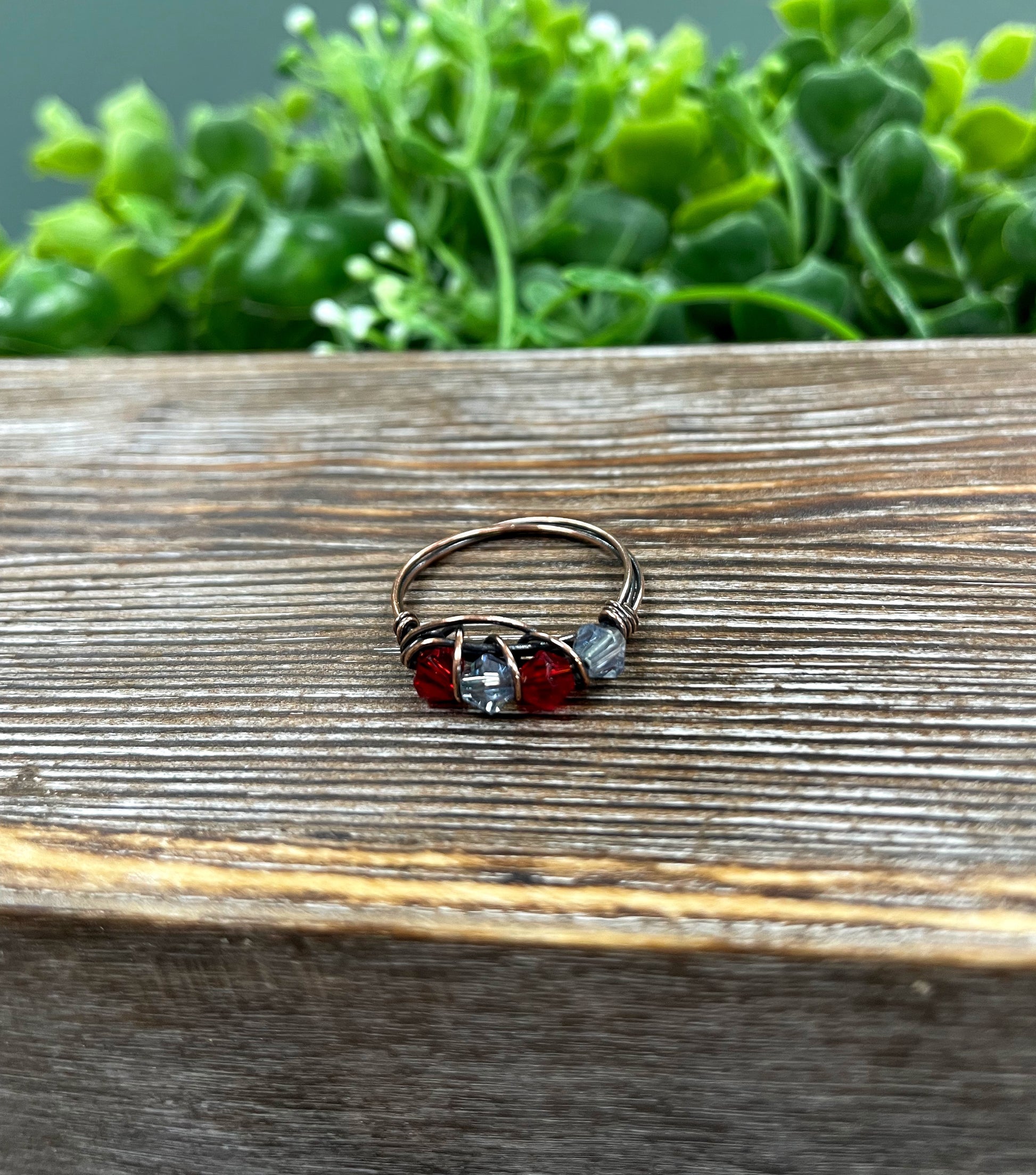 Red and Grey Glass Crystal Wire Wrapped Ring - Handmade by Marlayna