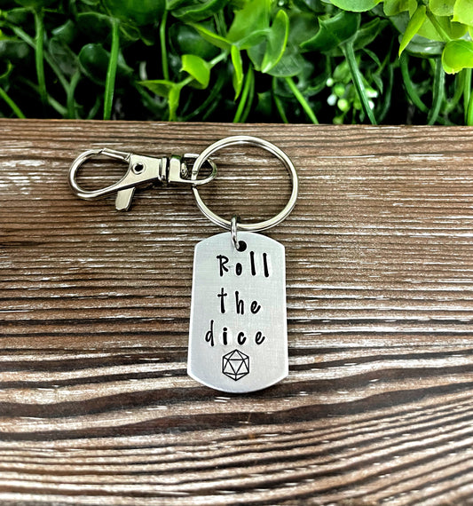 Roll the Dice Chance Gamer Dice Themed Hand Stamped Key Chain - Handmade by Marlayna