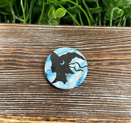 Witch Silhouette, Moon and Stars, Graphic Art Button / Pin 1.25” , Blue Glitter Agate - Handmade by Marlayna