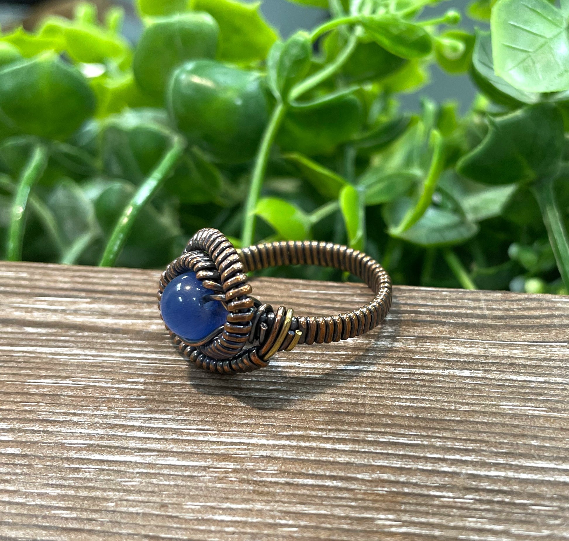 Blue Cats Eye Quartz Gemstone Wire Wrapped Ring - Handmade by Marlayna