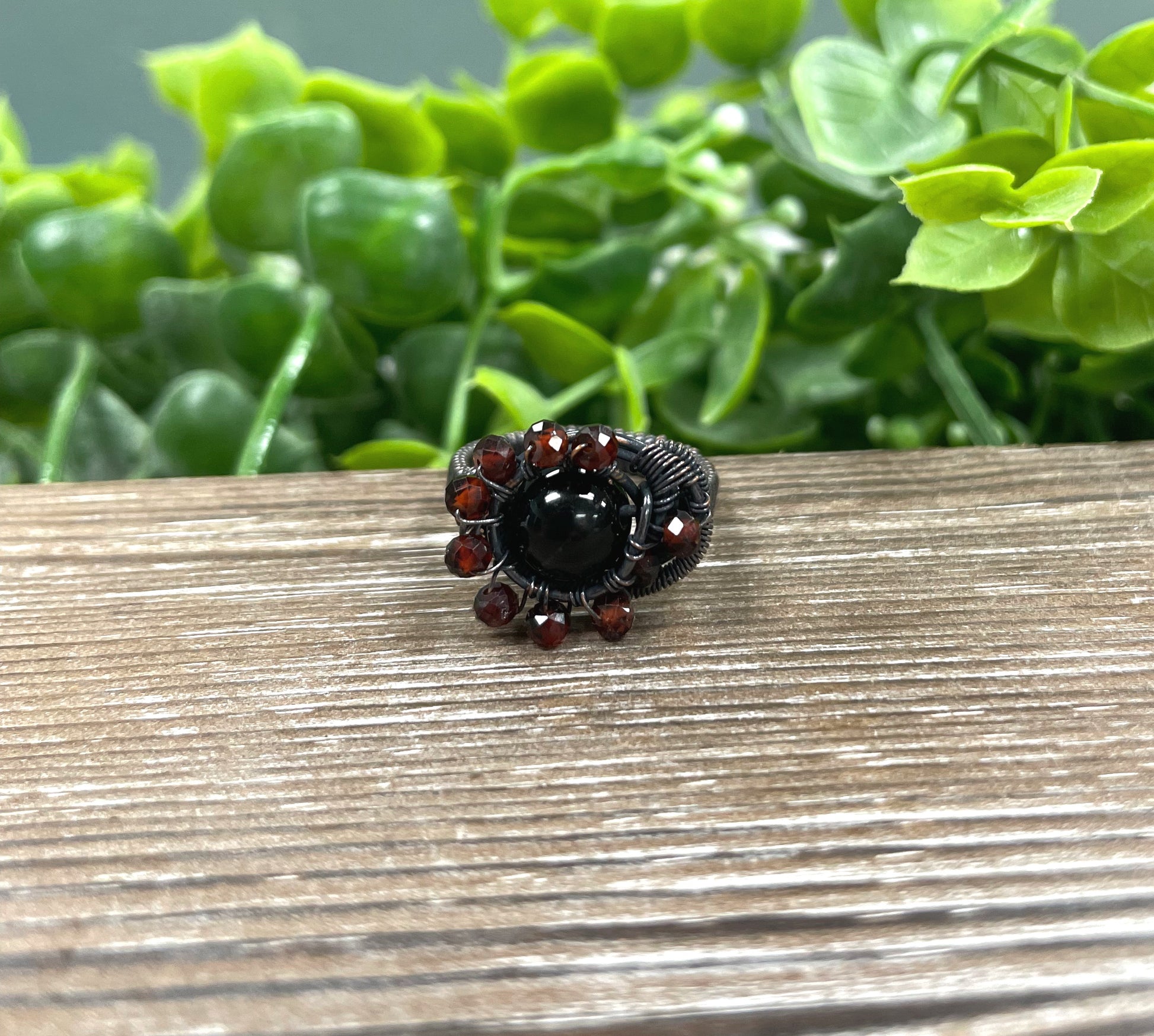 Onyx Gemstone w/ Garnet Beads Wire Wrapped Ring - Handmade by Marlayna