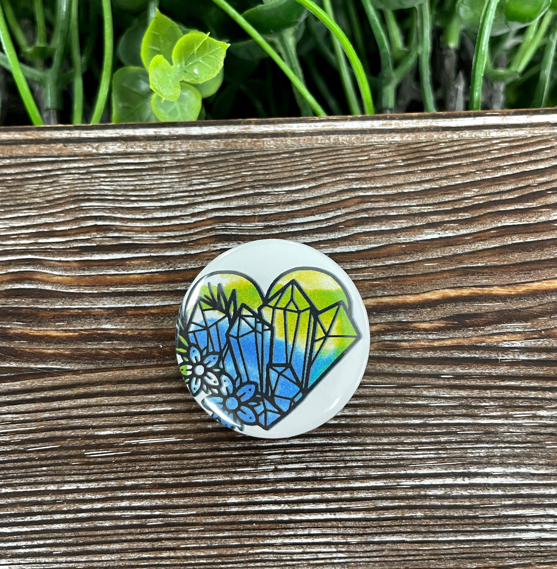 Watercolor Heart Crystal Gemstone Cluster Graphic Art Button / Pin 1.25” - Handmade by Marlayna