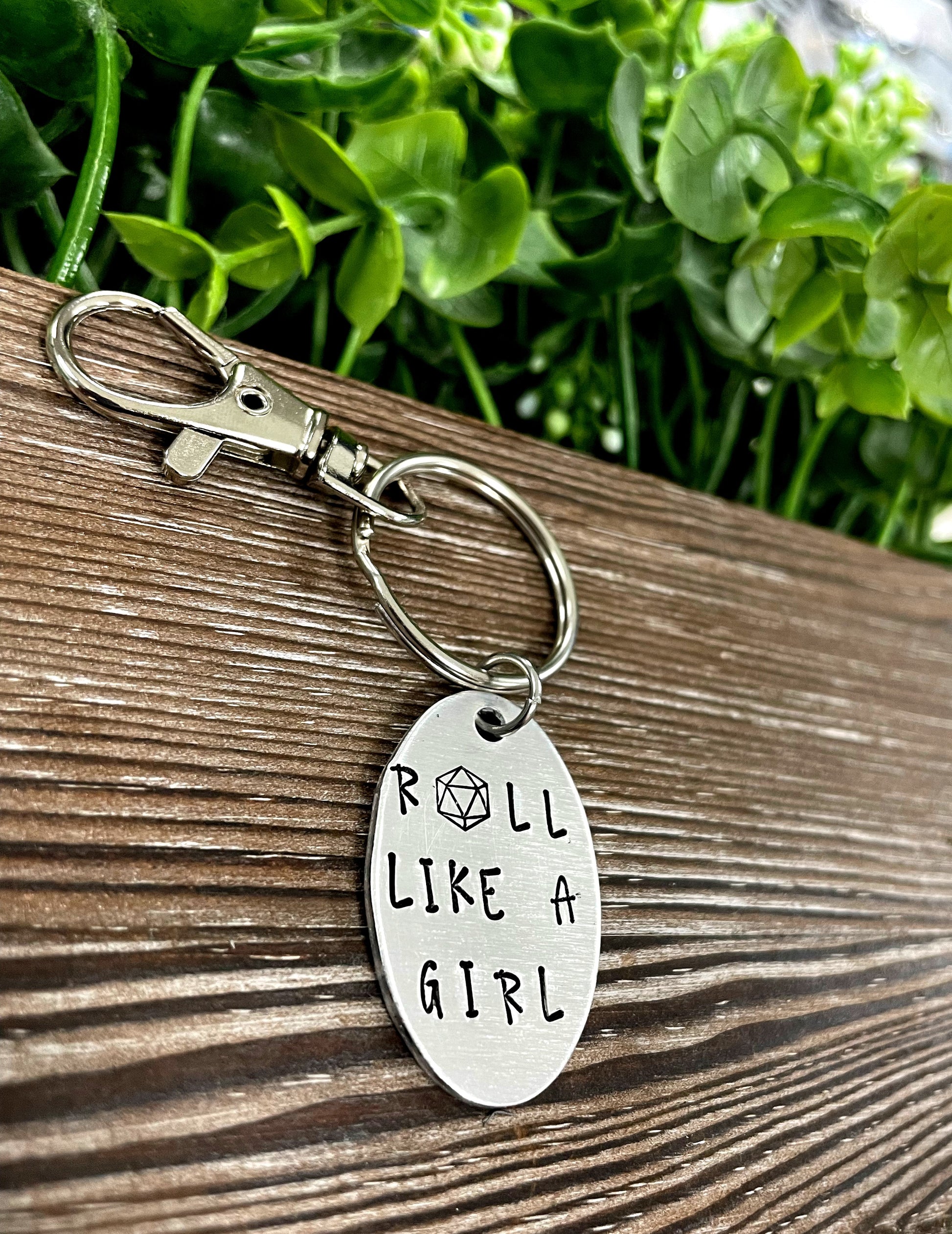 Roll Like A Girl Gamer Dice Themed Hand Stamped Key Chain - Handmade by Marlayna