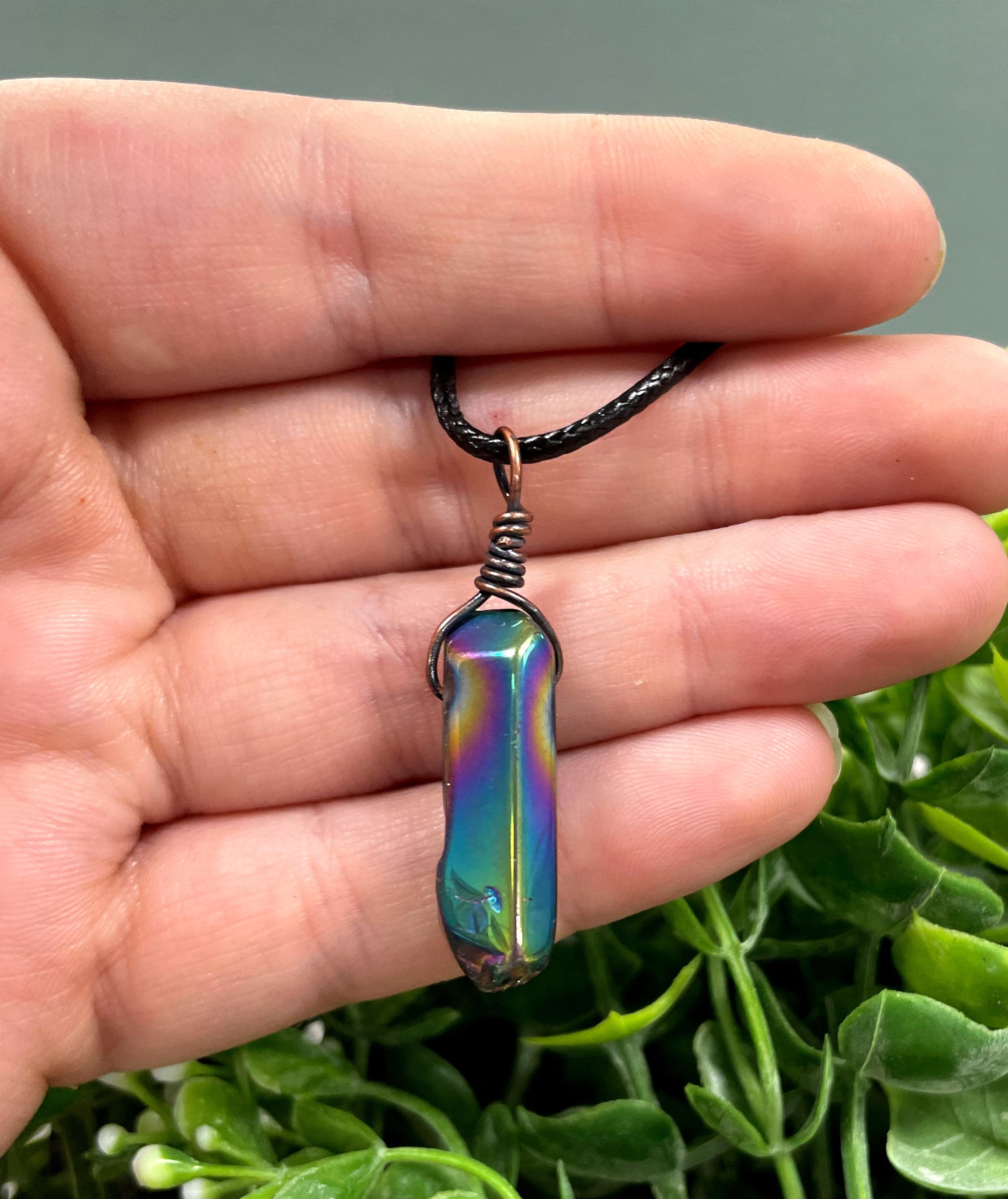 Wire Wrapped Rainbow Aura Titanium Coated Quartz Crystal Gemstone Pendant - Handmade by Marlayna