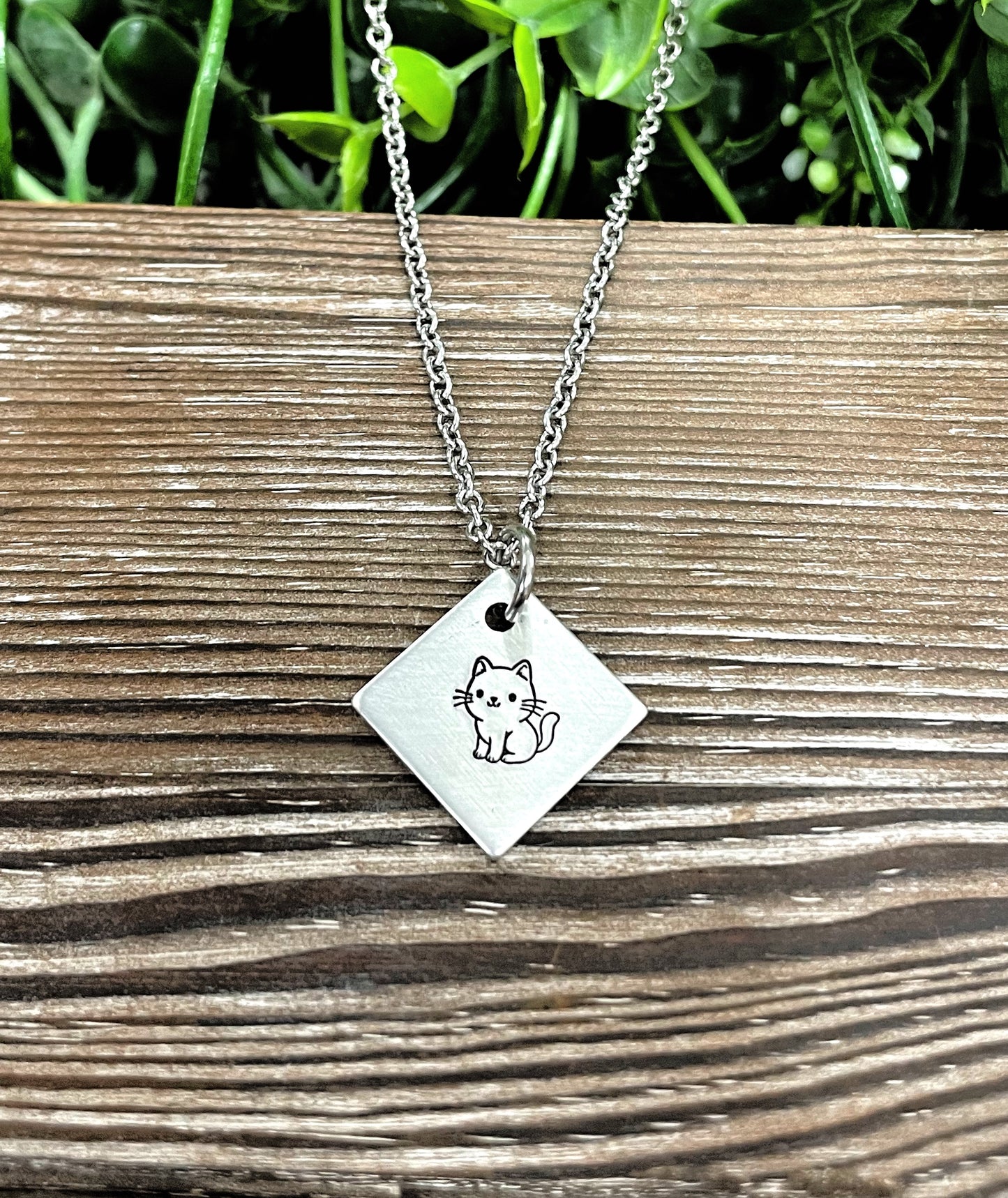 Cute Cat Diamond Fun Animal Themed Hand Stamped Necklace - Handmade by Marlayna