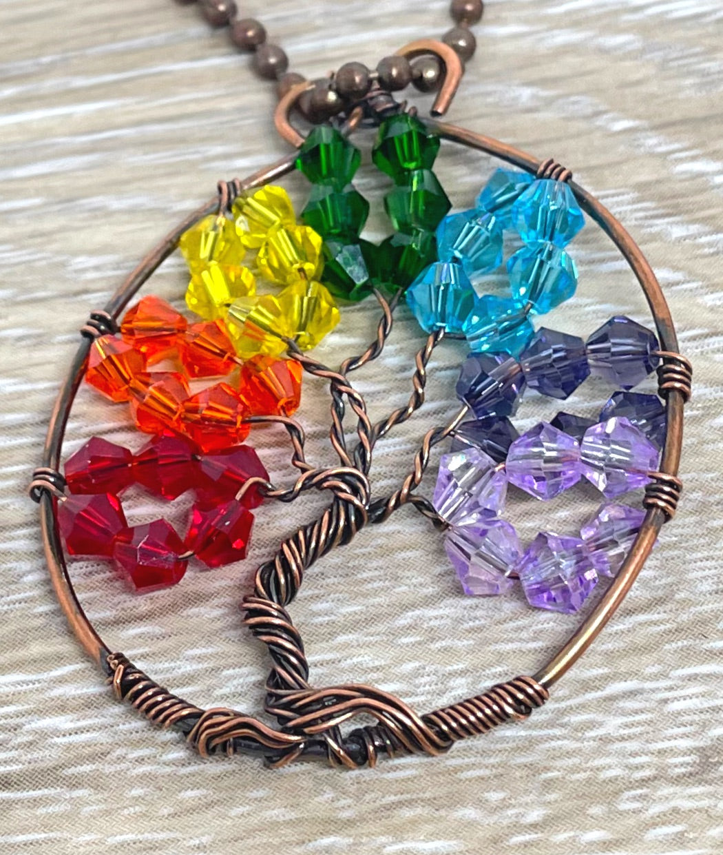 Wire Wrapped Rainbow Tree of Life Pendant with Glass Crystals - Handmade by Marlayna