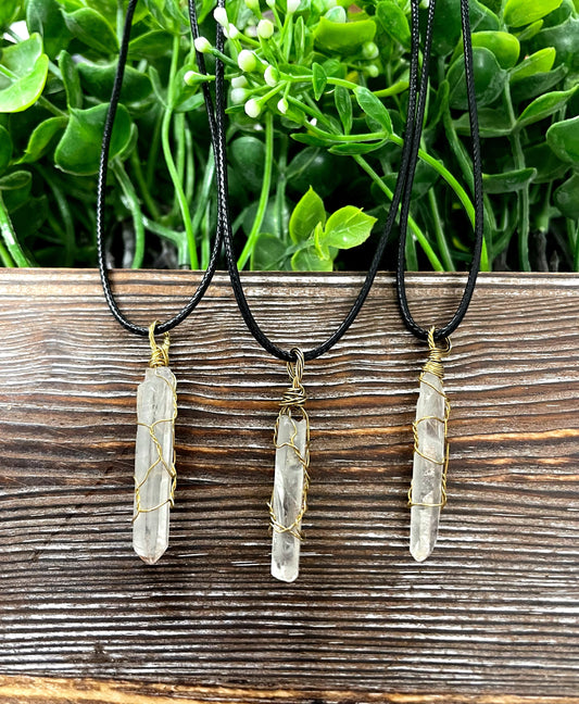 Wire Wrapped Clear Quartz Crystal Gemstone Pendant w/ Brass Wire - Handmade by Marlayna