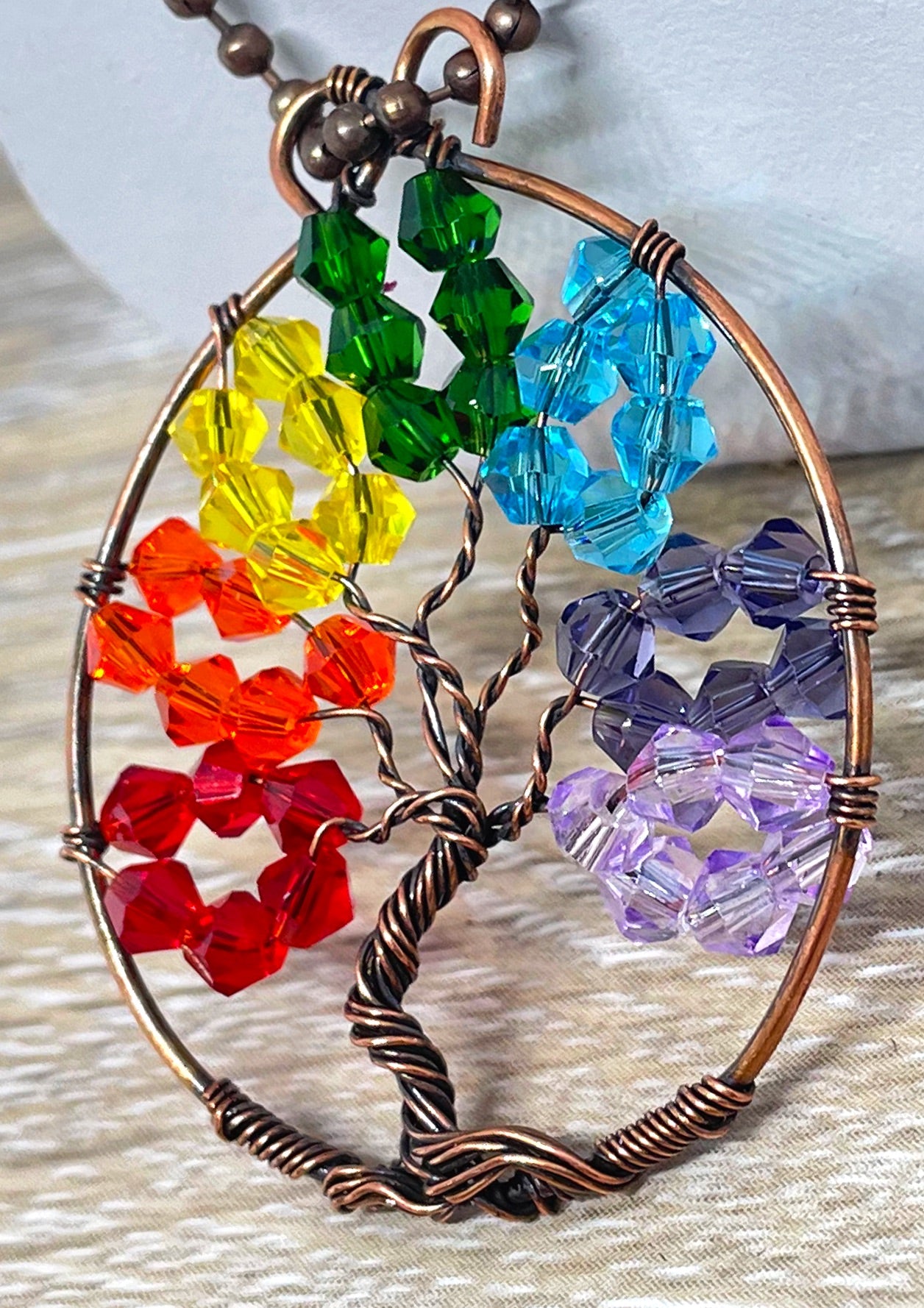 Wire Wrapped Rainbow Tree of Life Pendant with Glass Crystals - Handmade by Marlayna