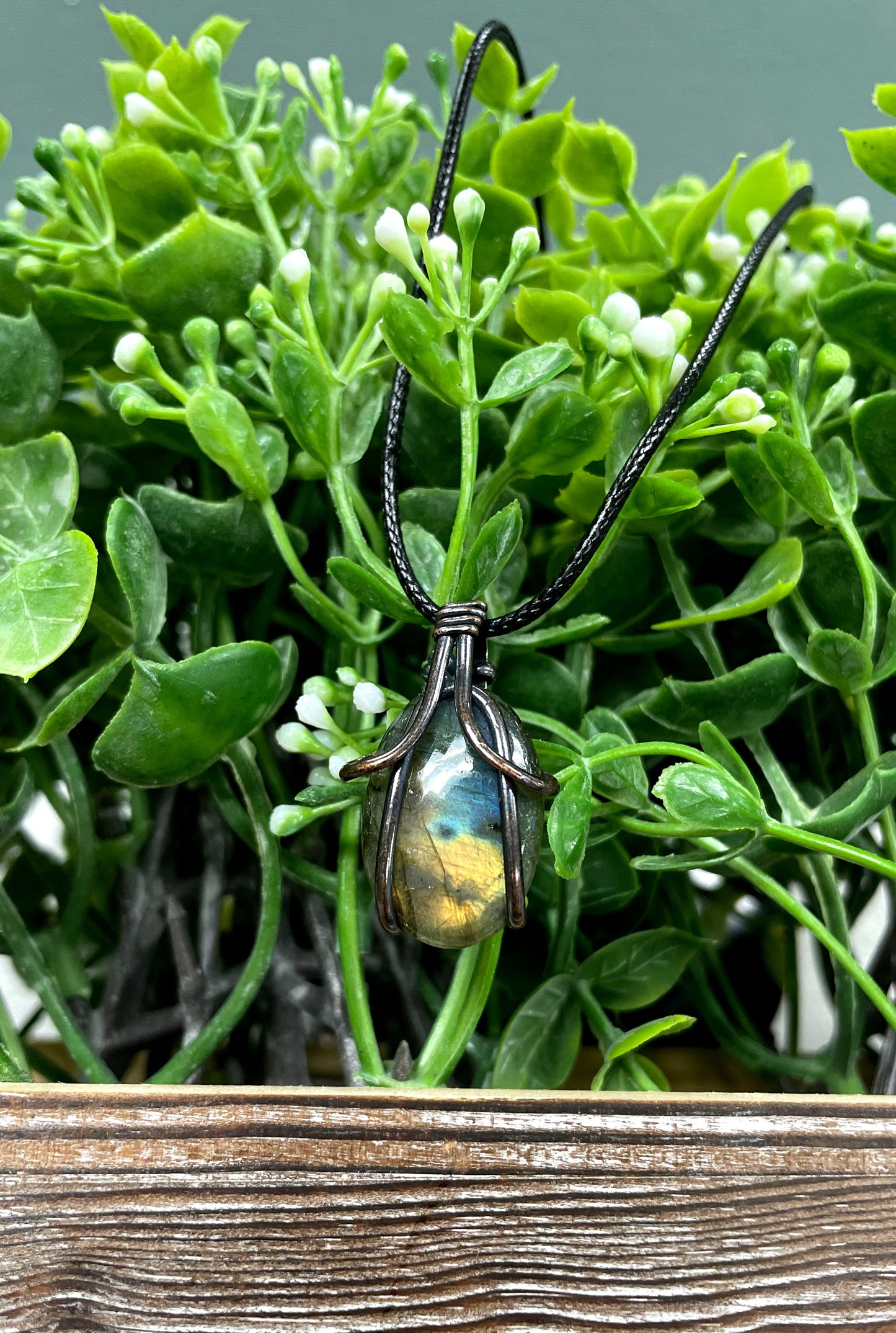 Mini Wire Wrapped Labradorite Gemstone Pendant, Oval Shape - Handmade by Marlayna