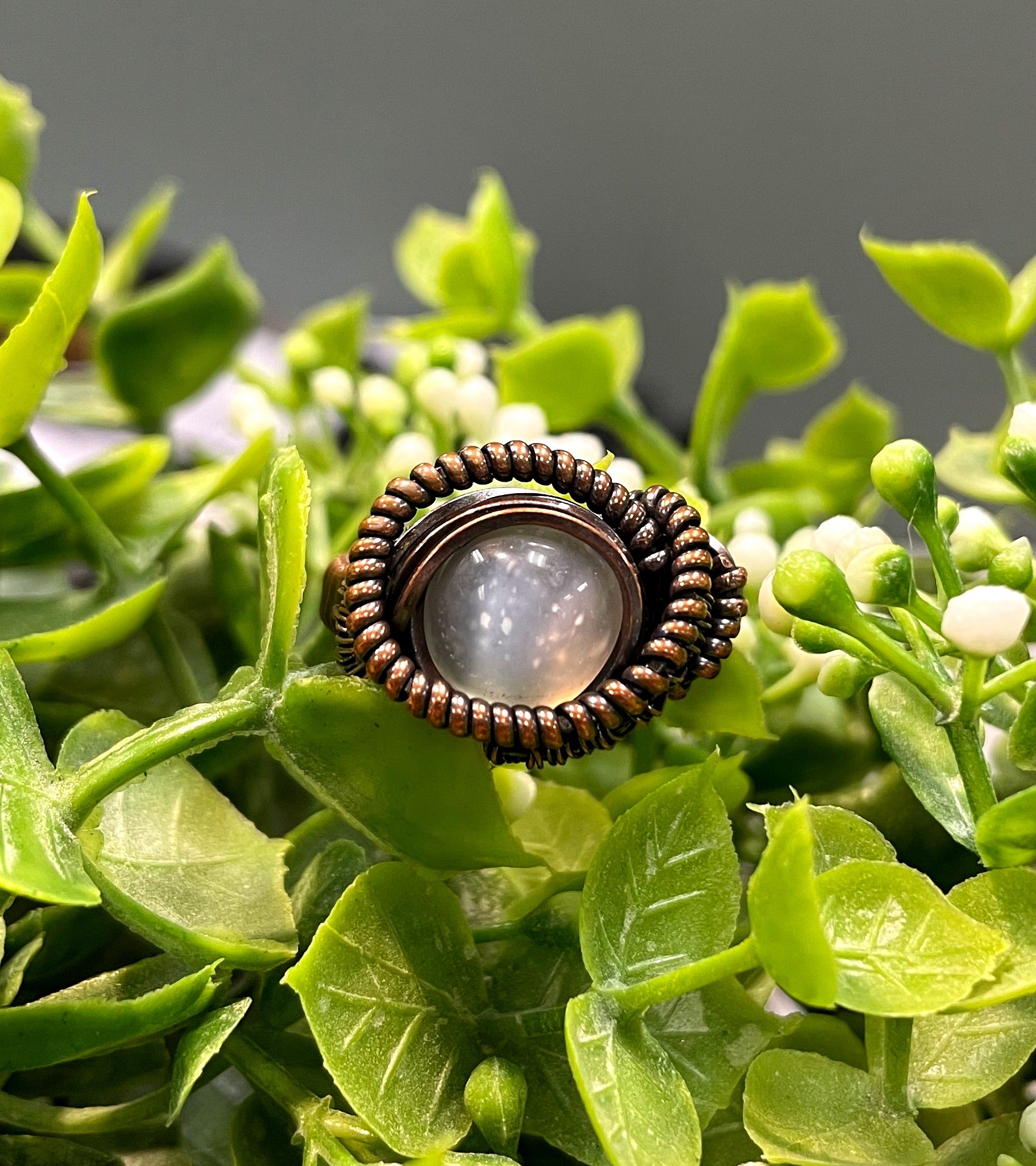 Moonstone Cabochon Wire Wrapped Ring Size 10 - Handmade by Marlayna