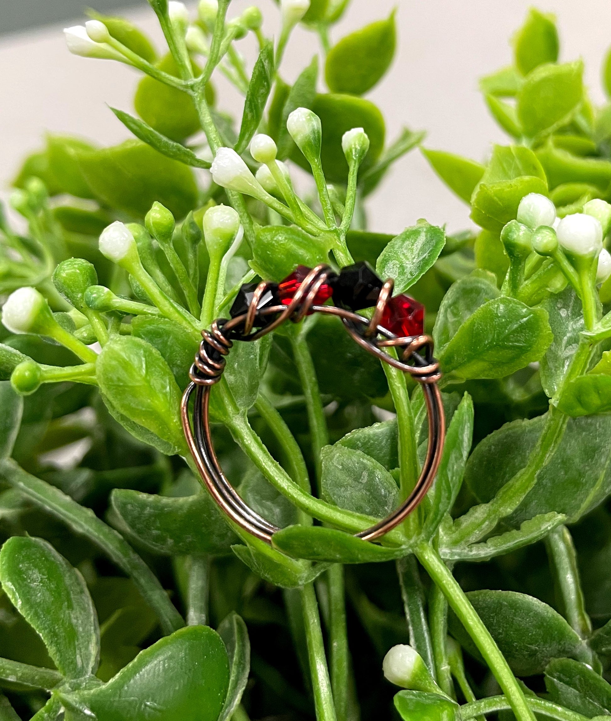 Red and Black Glass Crystal Wire Wrapped Ring - Handmade by Marlayna