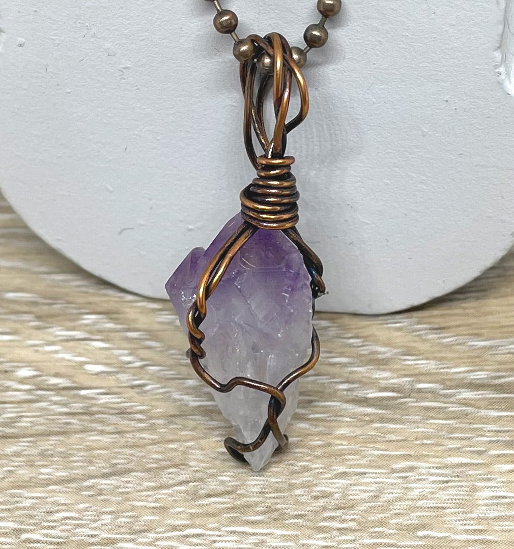 Wire Wrapped Raw Amethyst Gemstone Pendant - Handmade by Marlayna