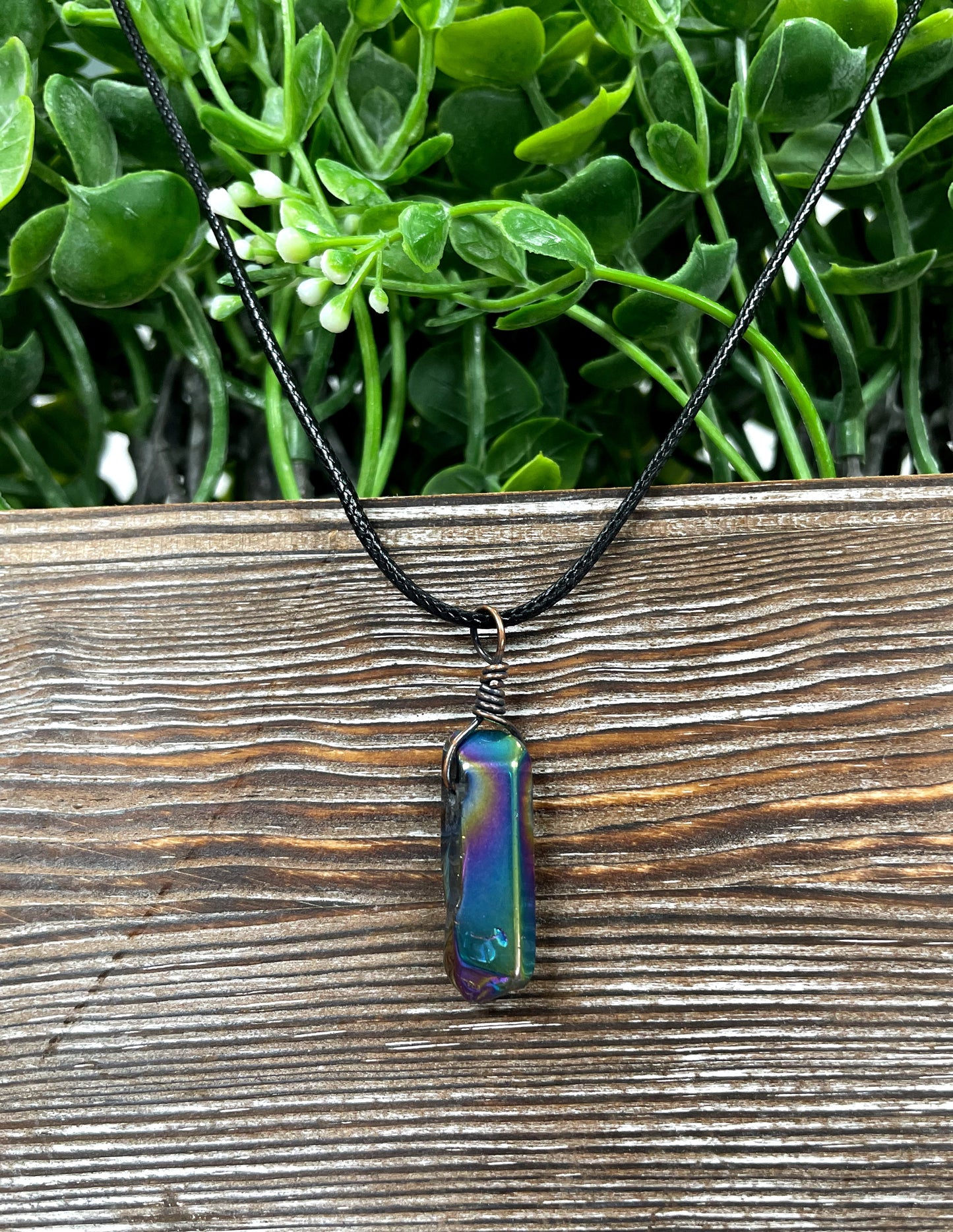 Wire Wrapped Rainbow Aura Titanium Coated Quartz Crystal Gemstone Pendant - Handmade by Marlayna