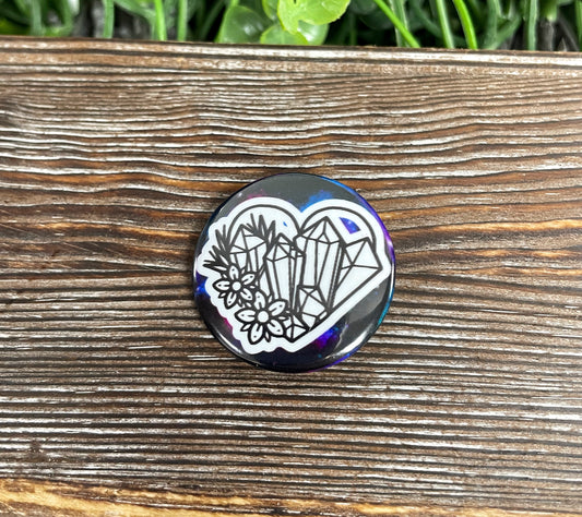 Crystal Heart w/ Flowers, Graphic Art Button / Pin 1.25” - Handmade by Marlayna