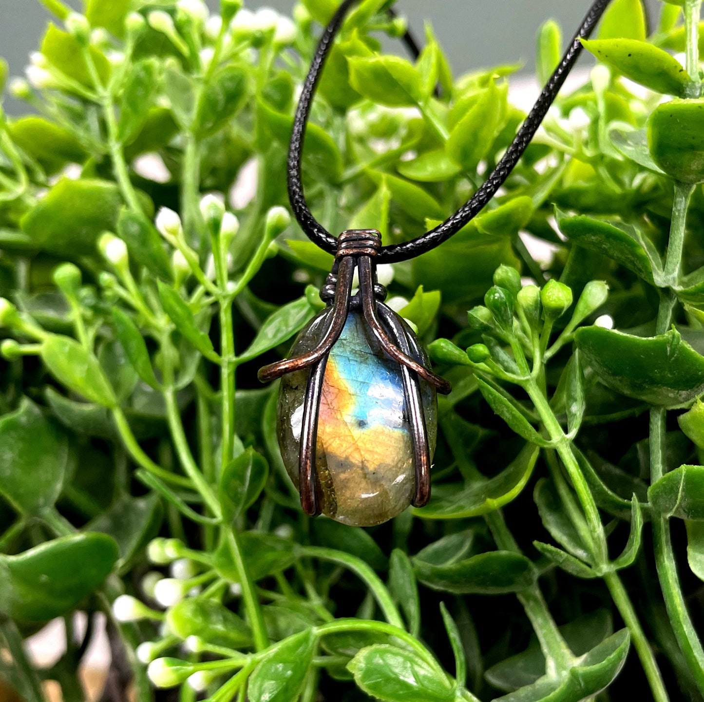 Mini Wire Wrapped Labradorite Gemstone Pendant, Oval Shape - Handmade by Marlayna