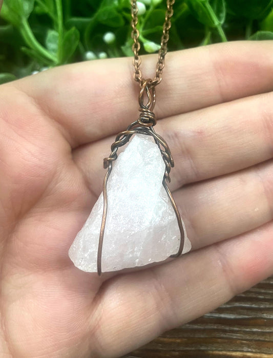 Wire Wrapped Rough Rose Quartz Gemstone Pendant - Handmade by Marlayna