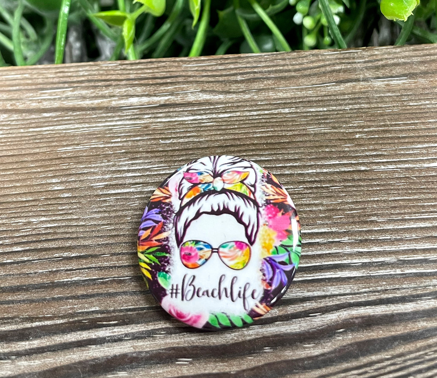 Beach Life Messy Bun Graphic Art Button / Pin 1.25” - Handmade by Marlayna