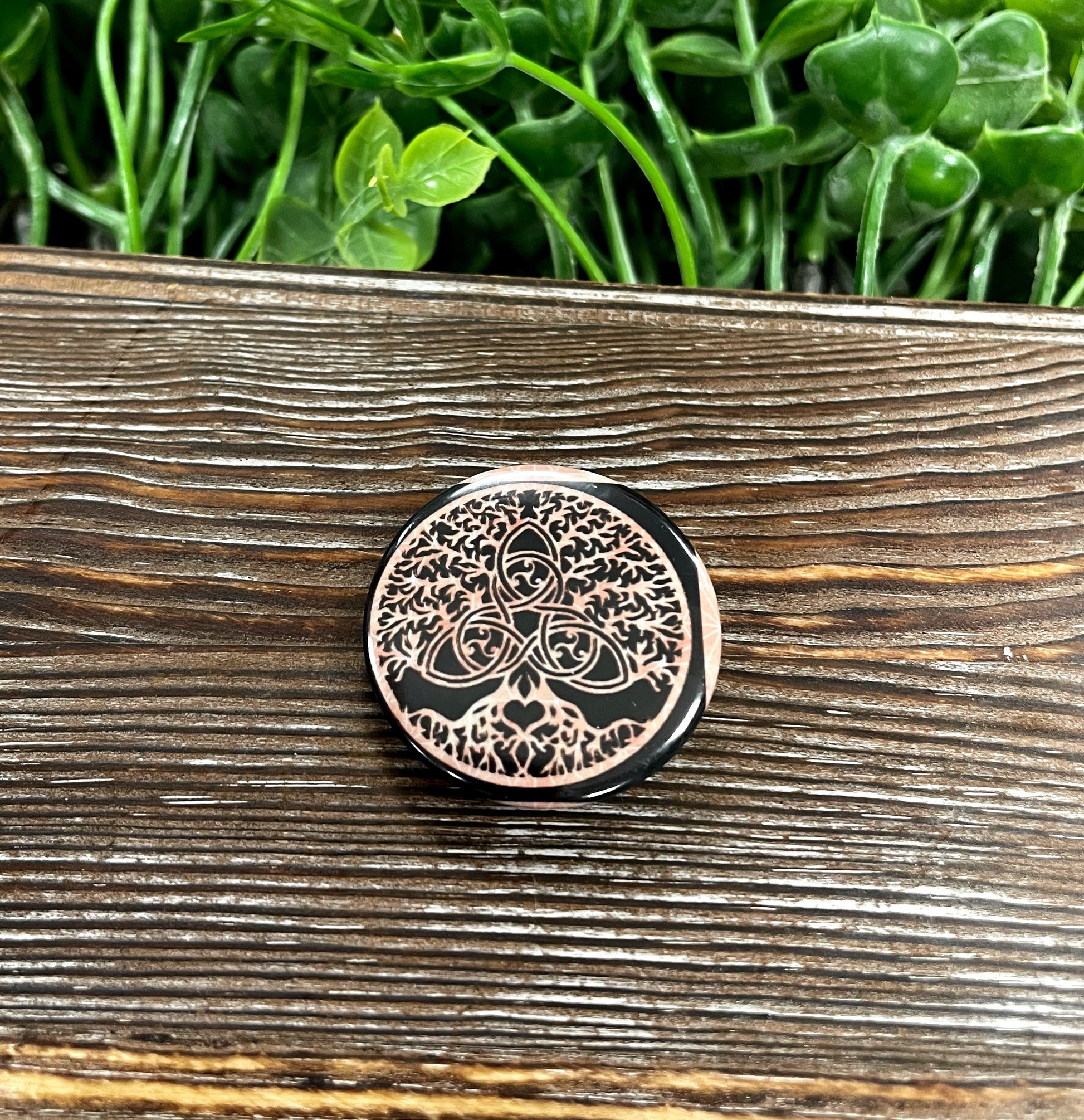 Celtic Tree of Life, Graphic Art Button / Pin 1.25” , Pink Background - Handmade by Marlayna