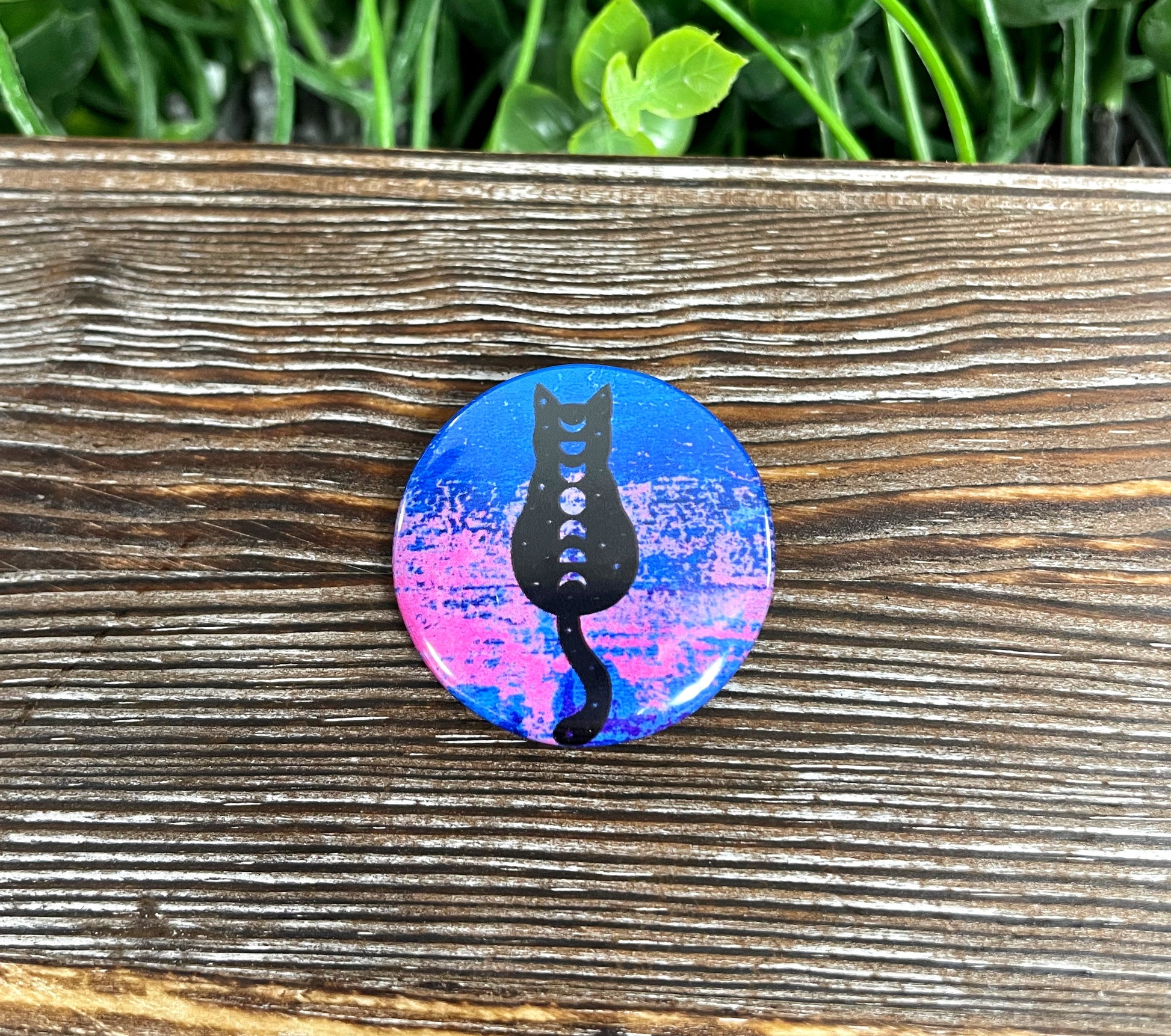 Black Cat Moon Phases, Graphic Art Button / Pin 1.25”, Pink and Blue - Handmade by Marlayna