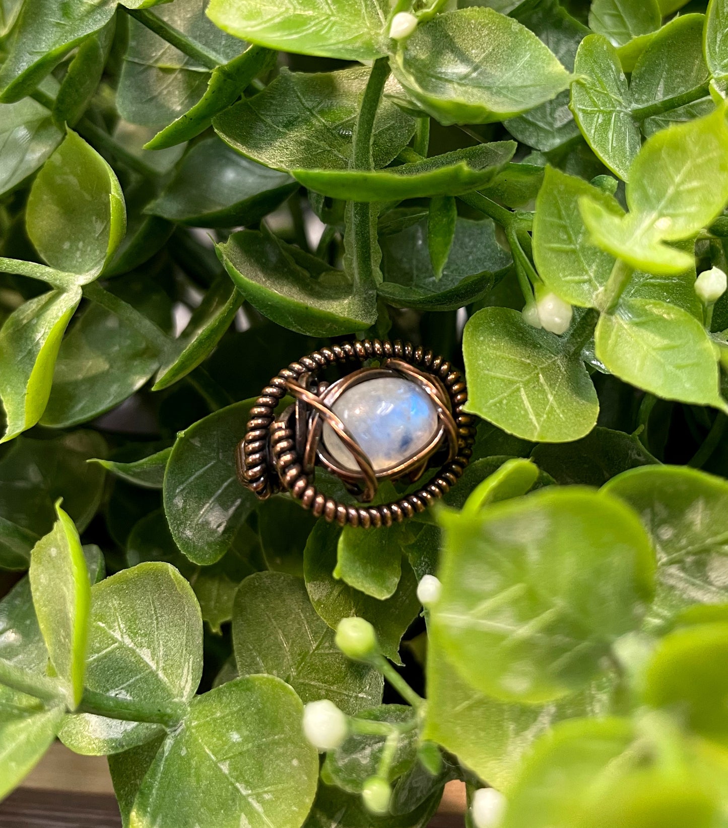 Moonstone Cabochon Wire Wrapped Ring Size 5 - Handmade by Marlayna