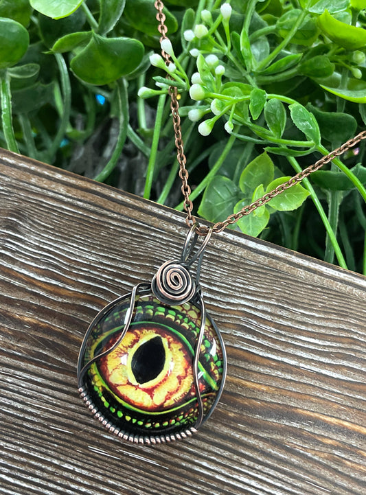 Wire Wrapped Graphic Art Dragon Eye Glass Pendant - Handmade by Marlayna