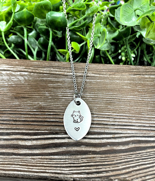 Cute Cat Heart Fun Animal Themed Hand Stamped Necklace - Handmade by Marlayna