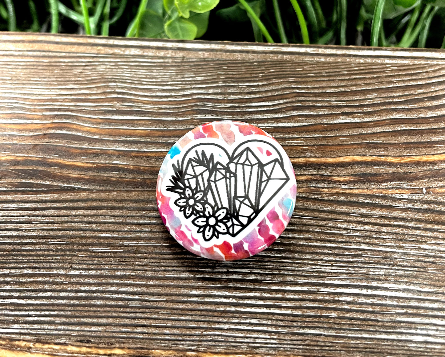 Watercolor Heart w/ Crystals, Graphic Art Button / Pin 1.25” - Handmade by Marlayna