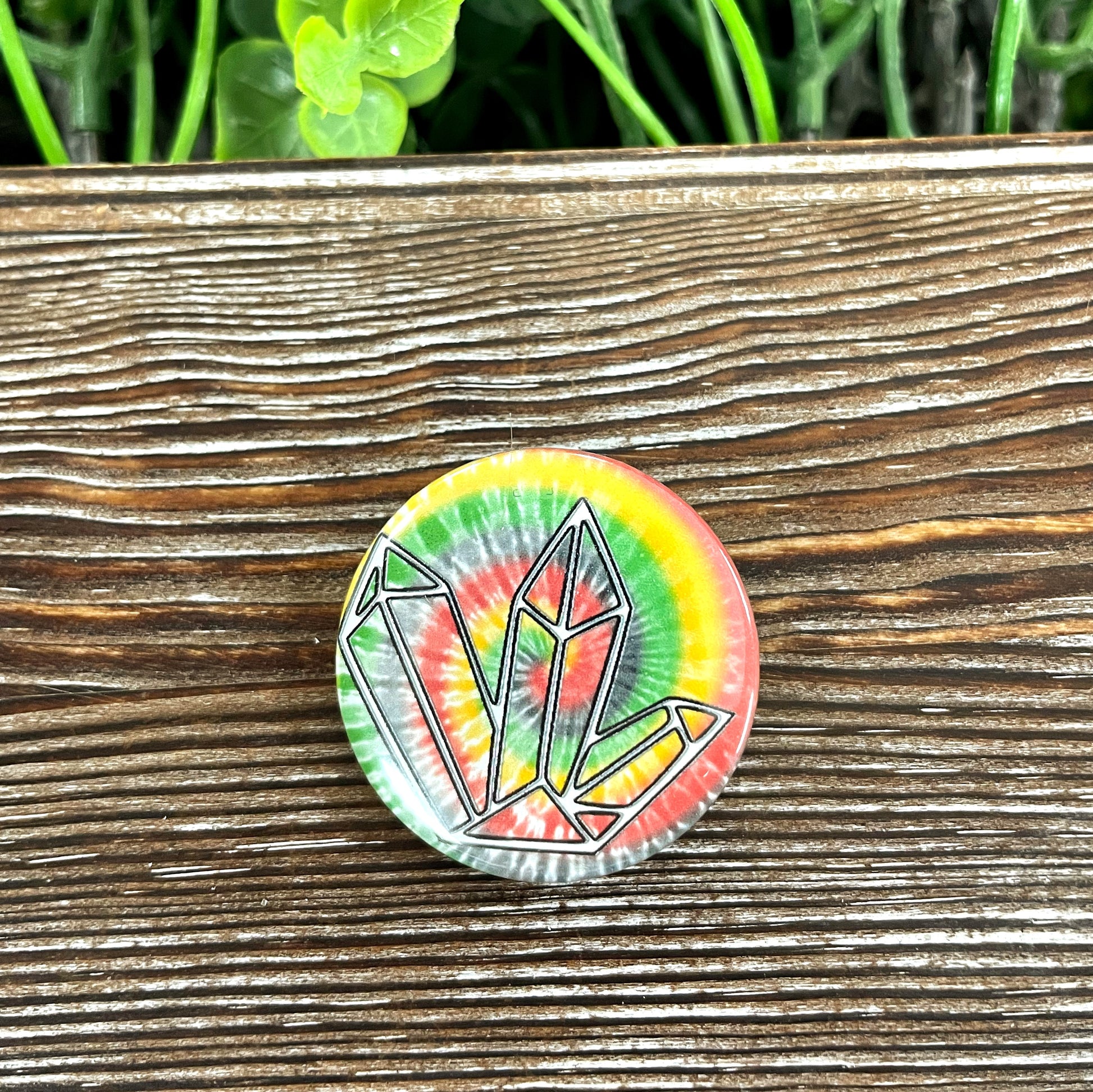 Tie Dye Crystal Gemstone Cluster Graphic Art Button / Pin 1.25”  Green Yellow Orange - Handmade by Marlayna