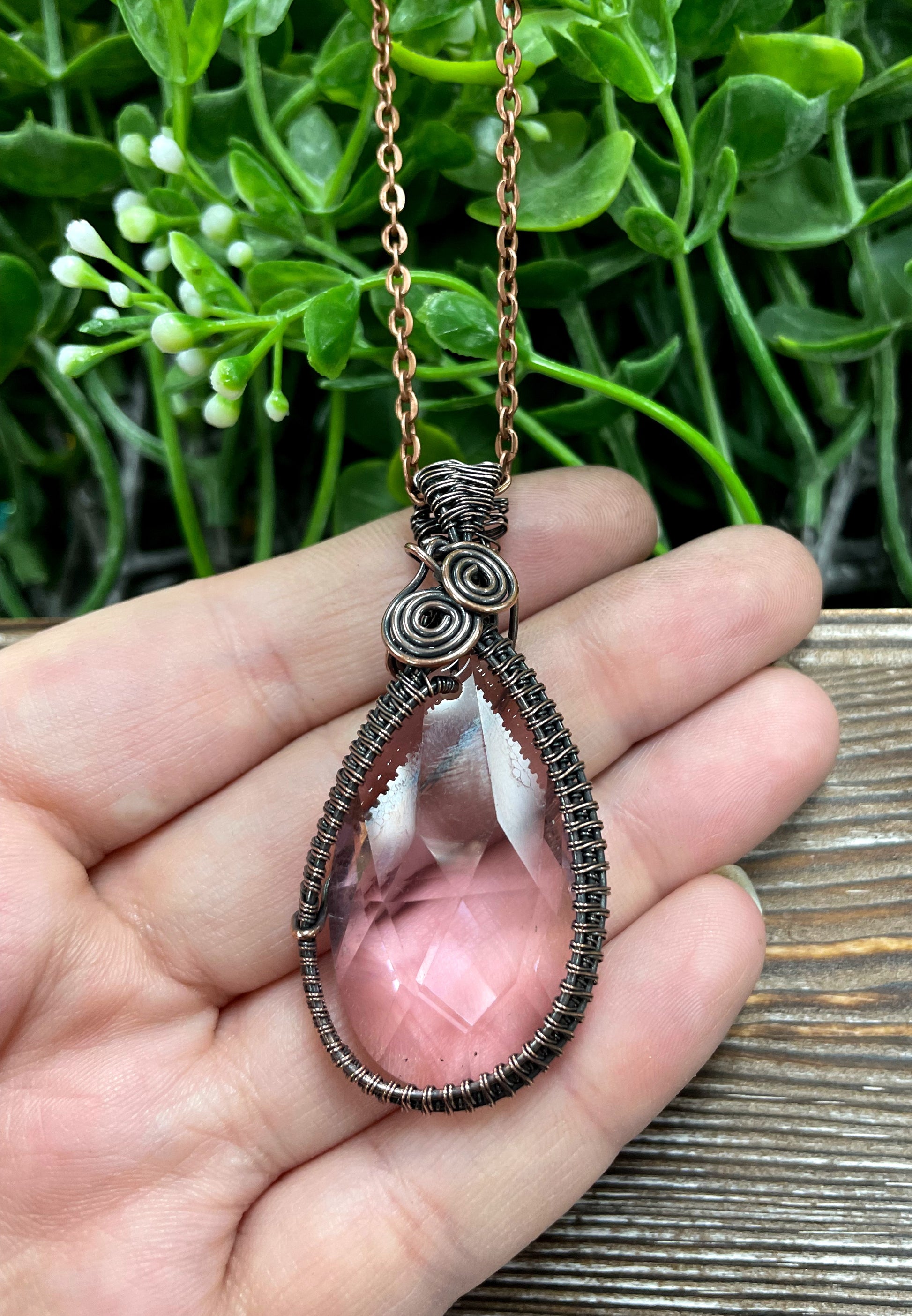 Wire Wrapped Faceted Pink Glass Crystal Pendant, Woven Frame - Handmade by Marlayna