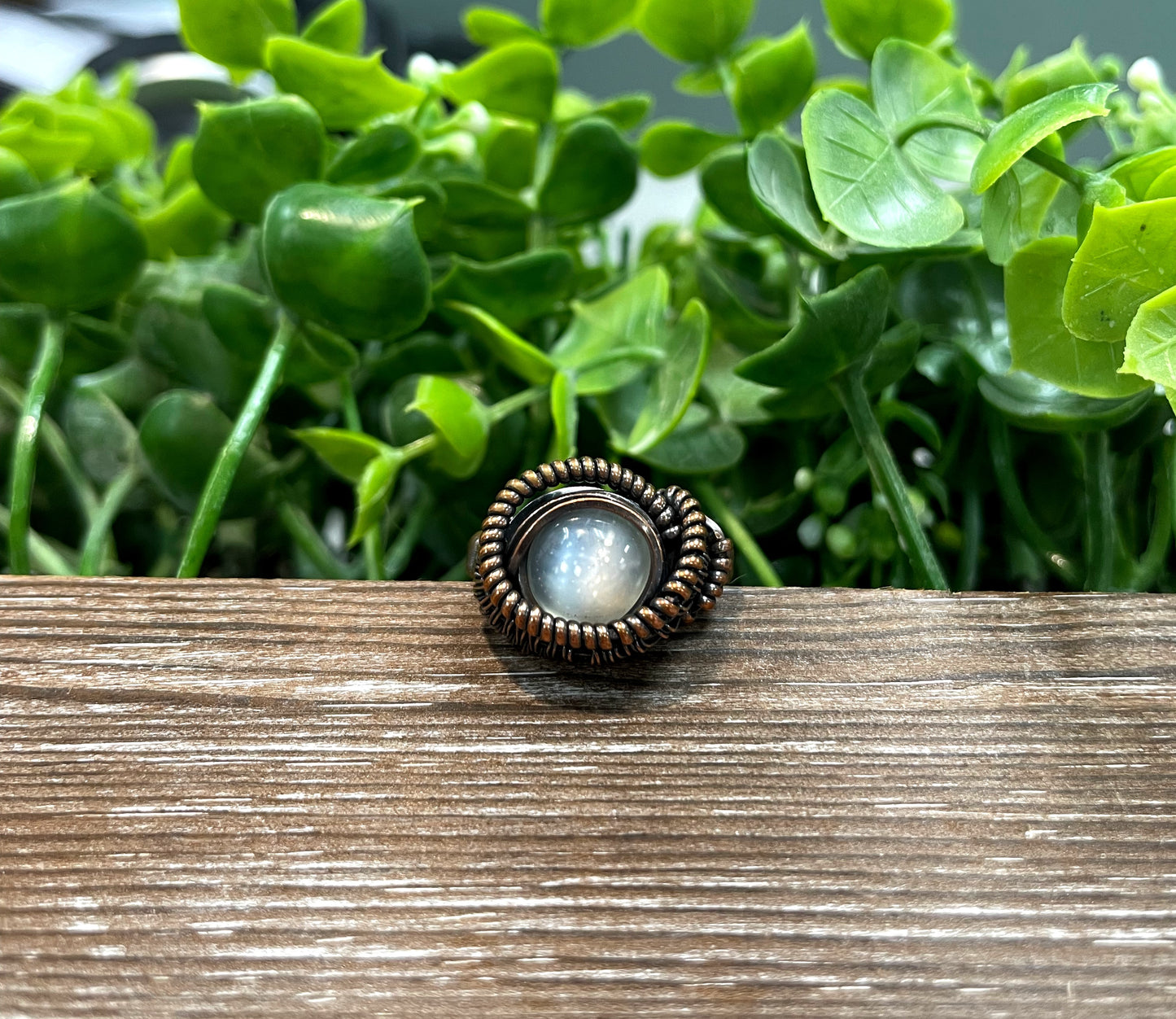 Moonstone Cabochon Wire Wrapped Ring Size 10 - Handmade by Marlayna