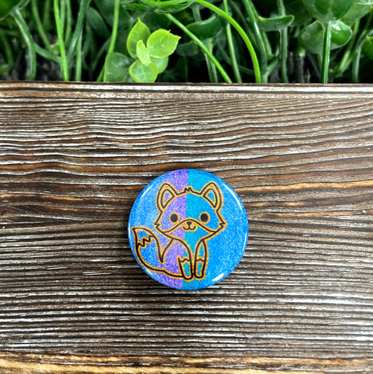 Fox Outline, Graphic Art Button / Pin 1.25” , Blue and Purple Glitter - Handmade by Marlayna