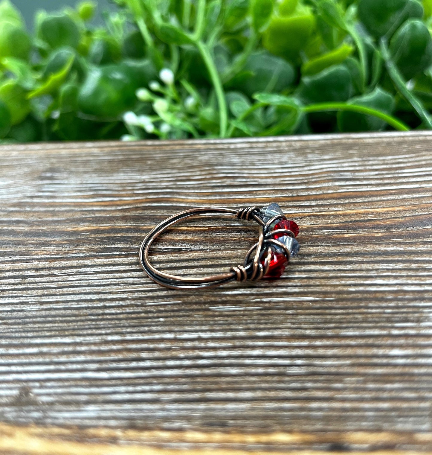 Red and Grey Glass Crystal Wire Wrapped Ring - Handmade by Marlayna