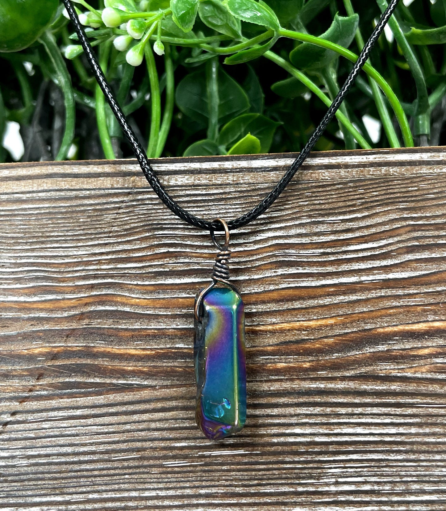 Wire Wrapped Rainbow Aura Titanium Coated Quartz Crystal Gemstone Pendant - Handmade by Marlayna