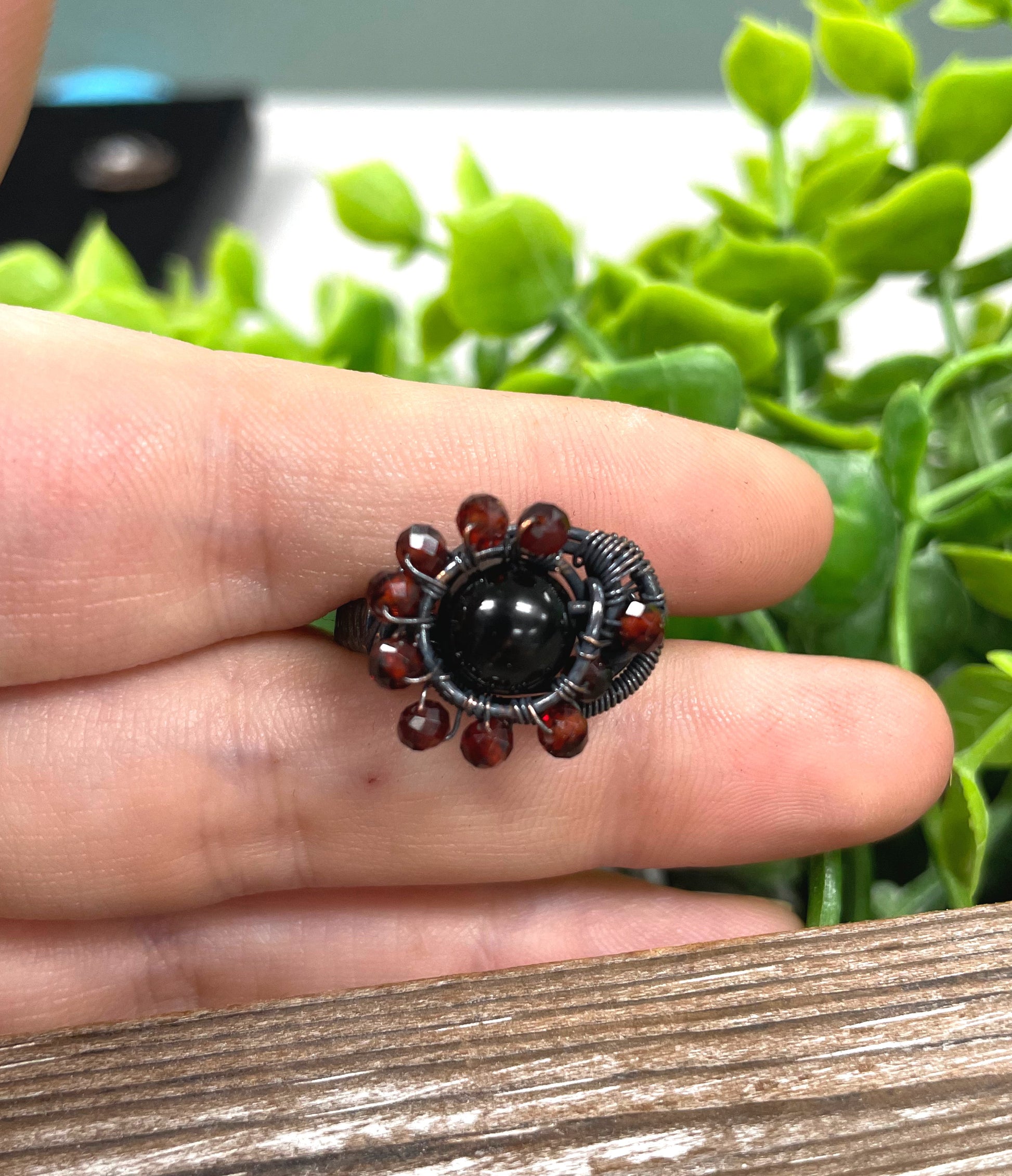 Onyx Gemstone w/ Garnet Beads Wire Wrapped Ring - Handmade by Marlayna