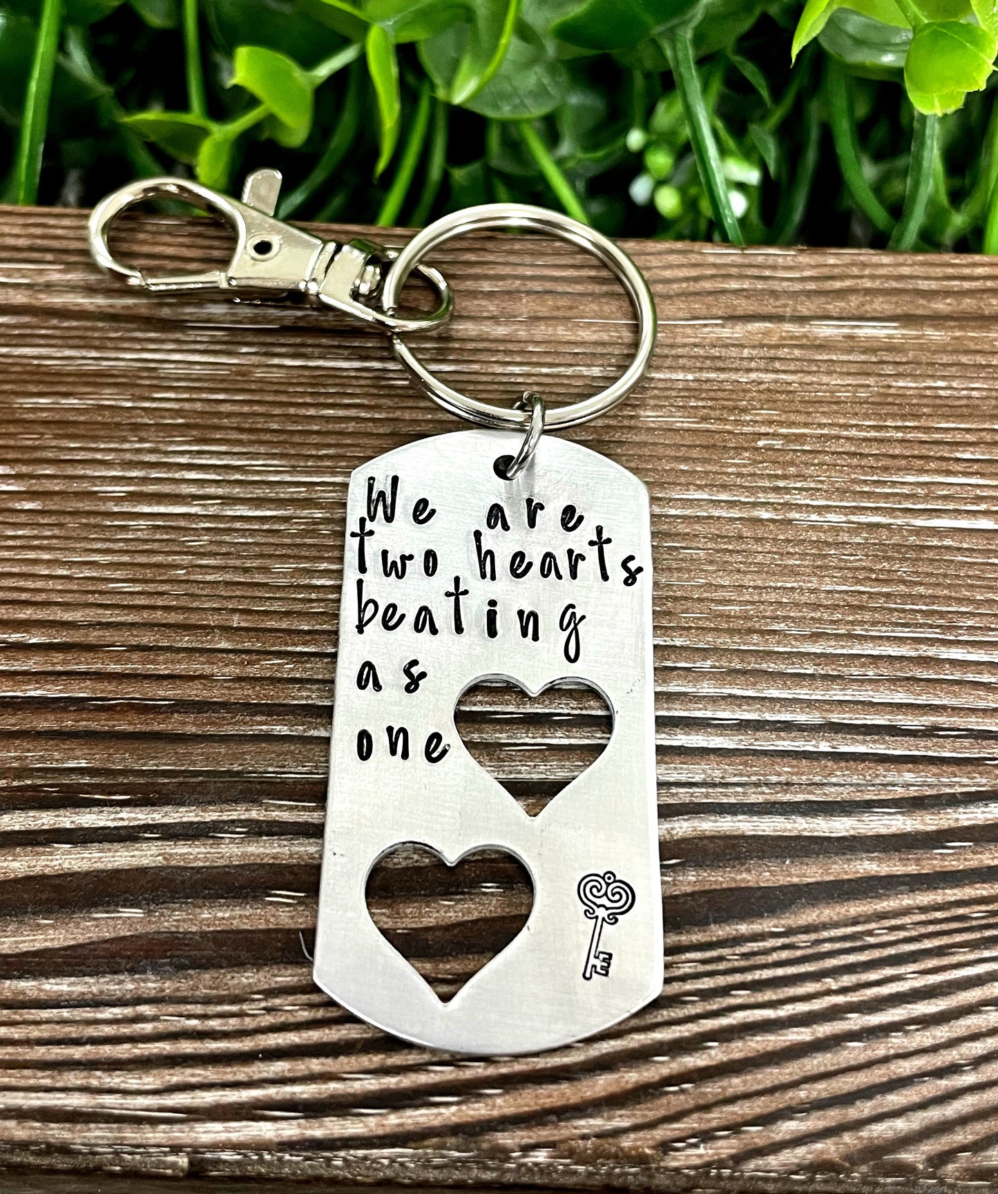 Two Hearts Beating as One Hand Stamped Key Chain Valentines Day Gift - Handmade by Marlayna