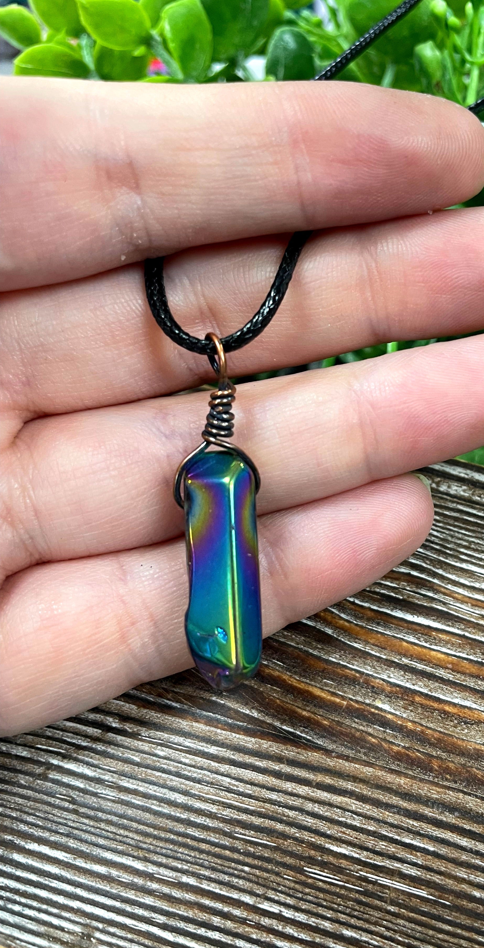 Wire Wrapped Rainbow Aura Titanium Coated Quartz Crystal Gemstone Pendant - Handmade by Marlayna