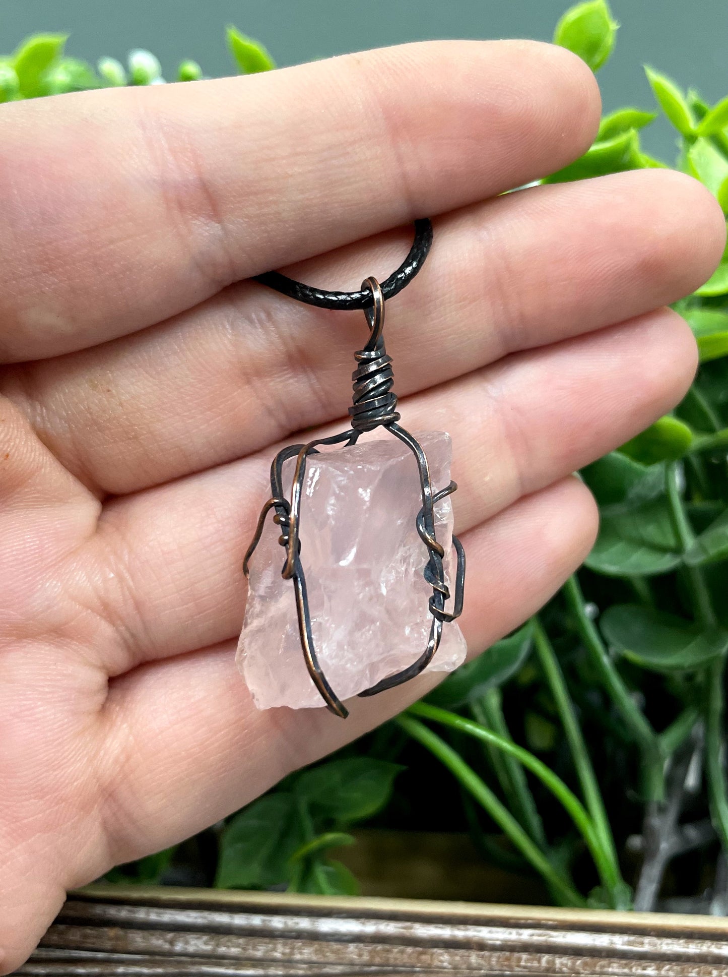 Wire Wrapped Rough Rose Quartz Chunk Gemstone Pendant - Handmade by Marlayna