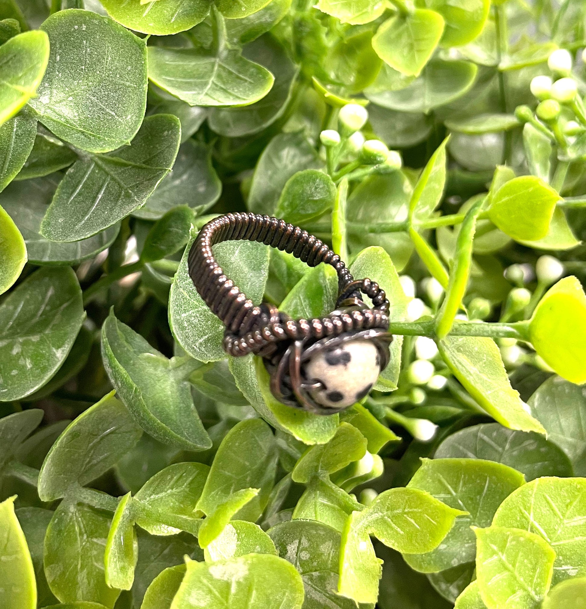 Dalmatian Jasper Wire Wrapped Ring - Handmade by Marlayna