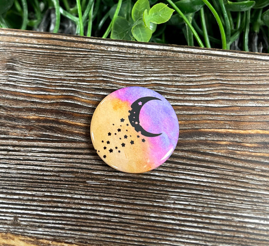 Orange and Purple Crescent Moon and Stars, Graphic Art Button / Pin 1.25” - Handmade by Marlayna