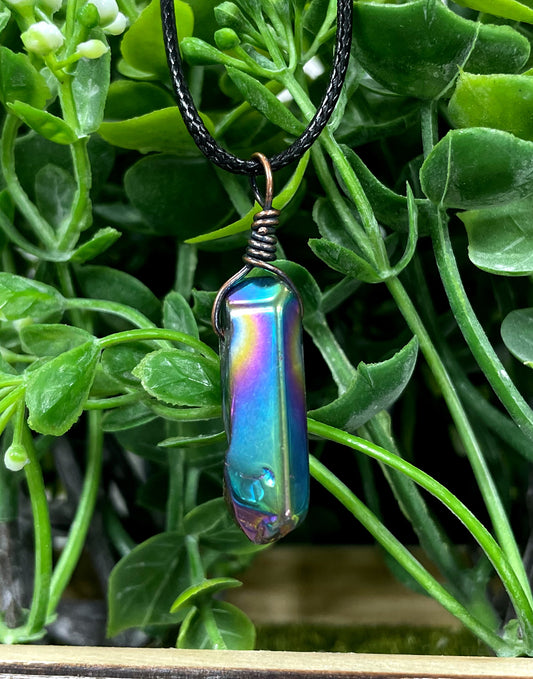 Wire Wrapped Rainbow Aura Titanium Coated Quartz Crystal Gemstone Pendant - Handmade by Marlayna