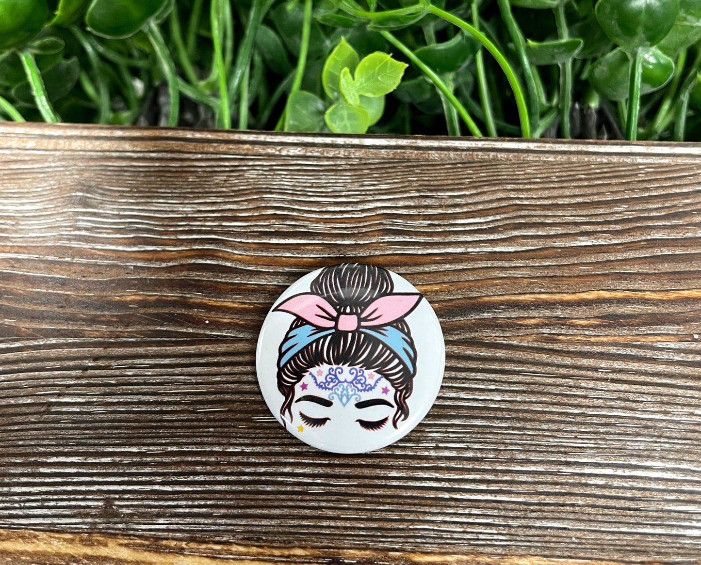 Messy Bun Blue Headband, Graphic Art Button / Pin 1.25” - Handmade by Marlayna