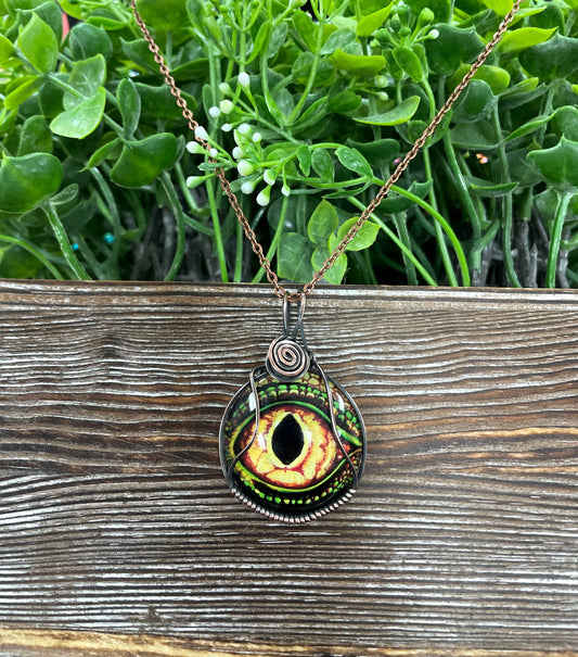 Wire Wrapped Graphic Art Dragon Eye Glass Pendant - Handmade by Marlayna