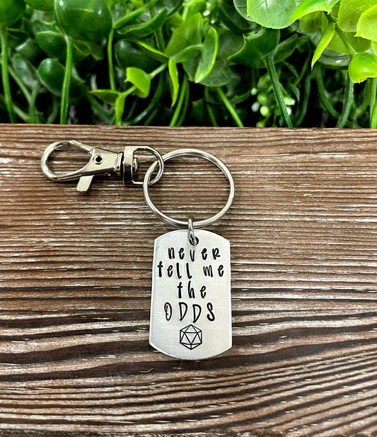 Never Tell Me the Odds Chance Gamer Dice Themed Hand Stamped Key Chain - Handmade by Marlayna